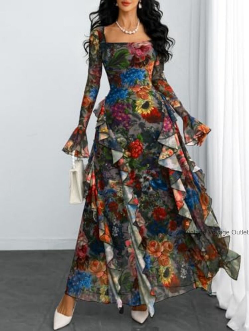 Square Neck Mesh Sheer Long Sleeve Ruffle Layered Midi Dress - Picture 5 of 7
